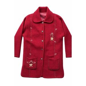 VTG Red Wool Blend Embroidered Cardigan Jacket Cozy Bouclé Knit Button Front M/L
